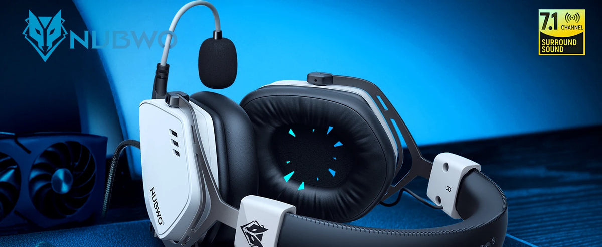 A white and black gaming headset is displayed against a blue background with a computer fan visible.