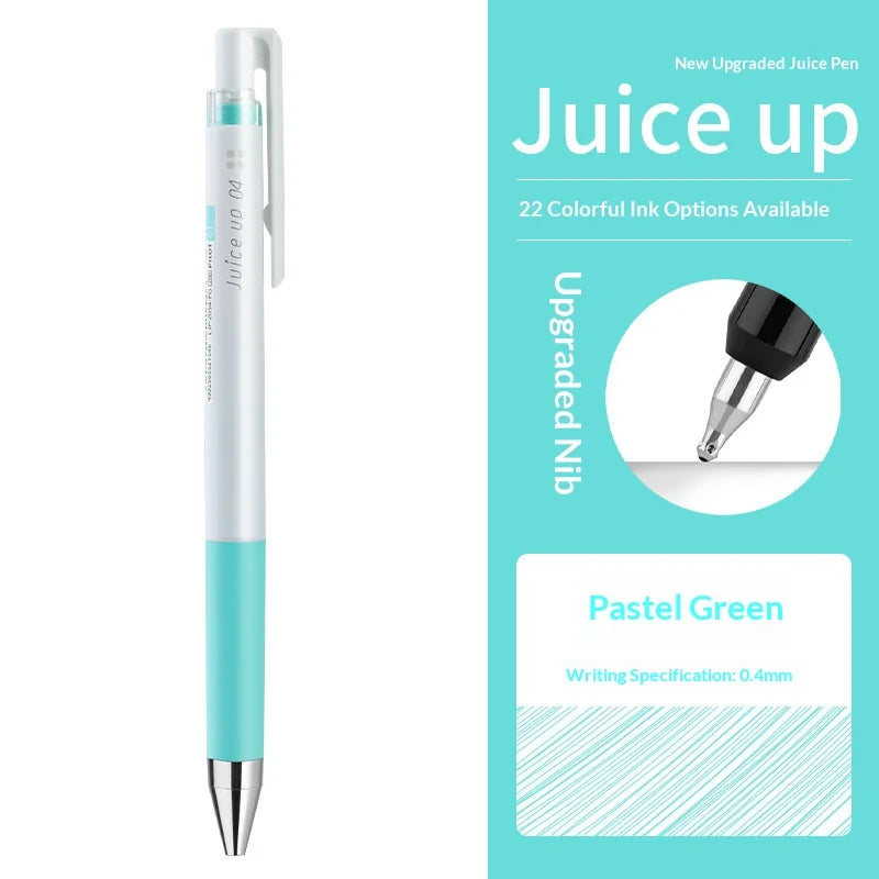 A white and teal Pilot Juice Up fine point gel pen is shown next to options for colorful ink.