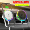 Magnetic wireless car charger with RGB ambient light charging a smartphone in a car vent.