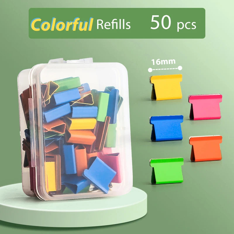 A clear plastic container filled with 50 colorful metal refills for a mini reusable hand clamp stapler.