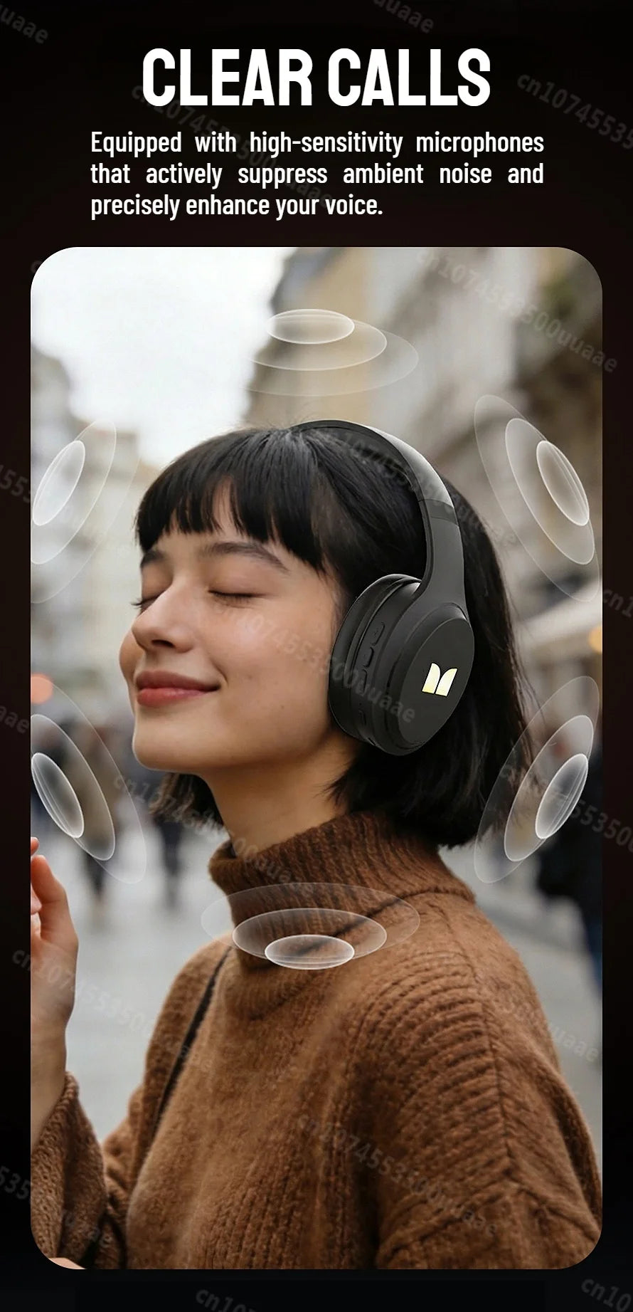 A young woman wearing black over-ear headphones outdoors, smiling and looking to the side.