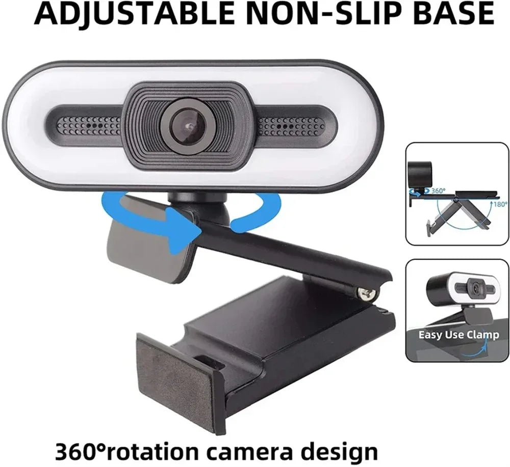 Adjustable non-slip base for a 4K auto-focus streaming webcam with built-in microphone.