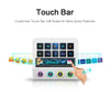 A hand interacts with a white Touch Bar device featuring multiple buttons and an LCD screen display.