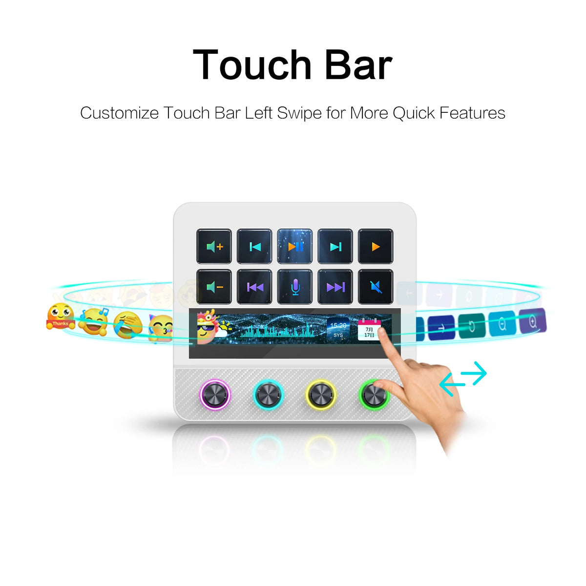 A hand interacts with a white Touch Bar device featuring multiple buttons and an LCD screen display.