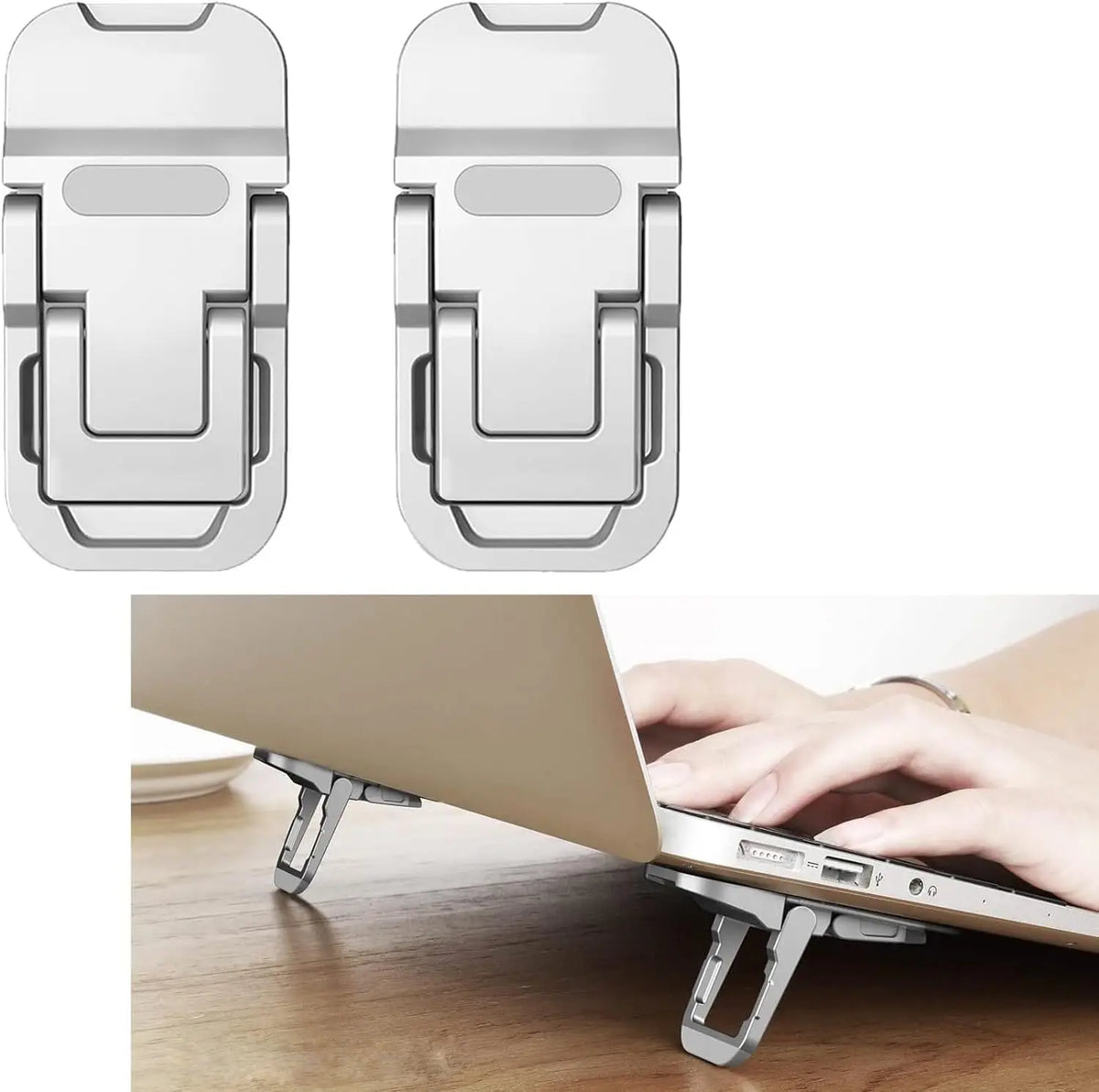 A silver dual angle adjustable keyboard riser stand is shown next to a laptop.