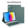 Una laptop junto a una funda de teclado verde y una funda para iPad.