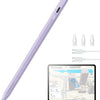 A light purple precision stylus pen with an ESR logo and various tips is shown next to an Apple iPad.