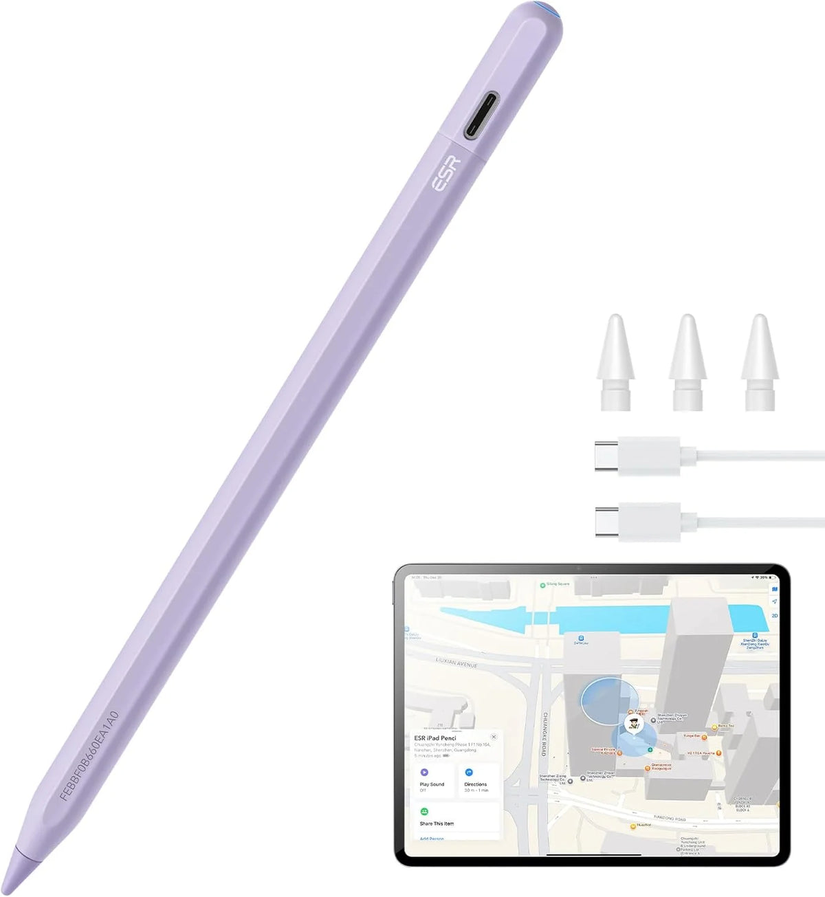 A light purple precision stylus pen with an ESR logo and various tips is shown next to an Apple iPad.