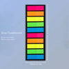 A vertical strip of fluorescent colored sticky notes, including pink, orange, yellow, green, blue, and cyan.
