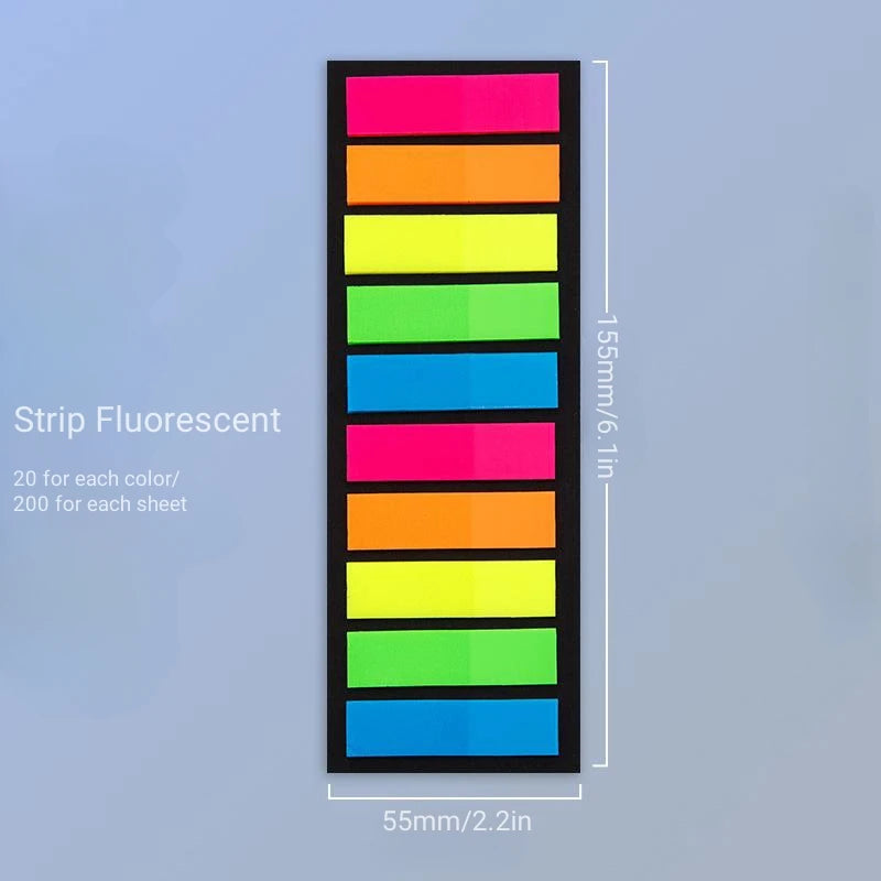 A vertical strip of fluorescent colored sticky notes, including pink, orange, yellow, green, blue, and cyan.