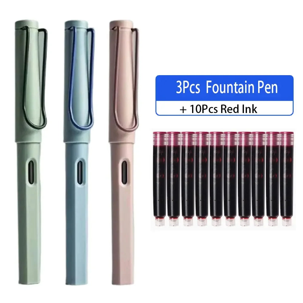 A set of three Morandi Retro Fountain Pens in mint green, light blue, and pink, with ten red ink cartridges.