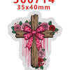 A pink and red faith-themed acrylic hair bow set featuring a cross design with roses and stripes.