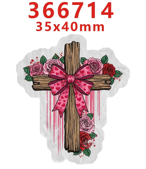 A pink and red faith-themed acrylic hair bow set featuring a cross design with roses and stripes.