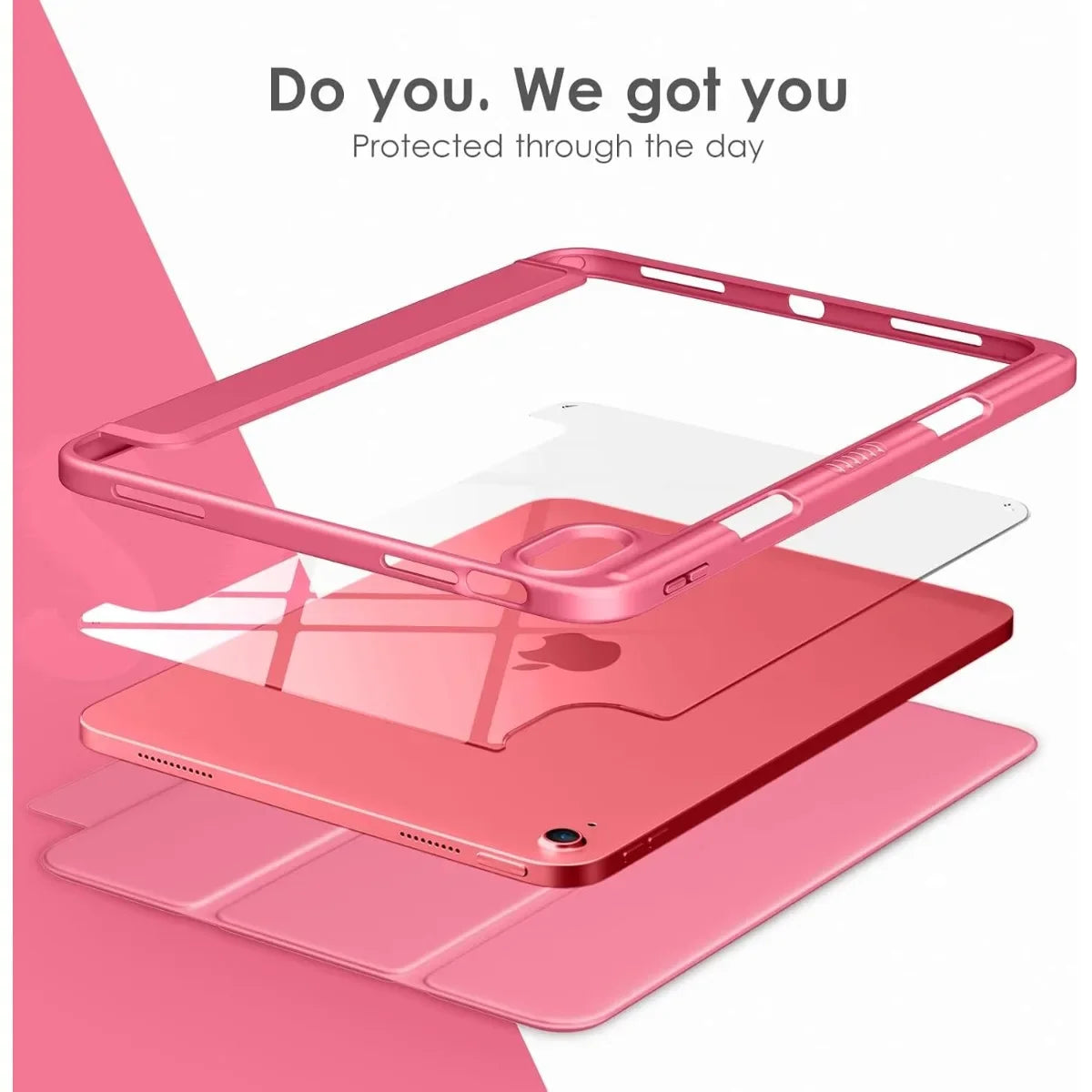 A pink clear TPU shockproof case for an iPad, showing the device protected through the day.