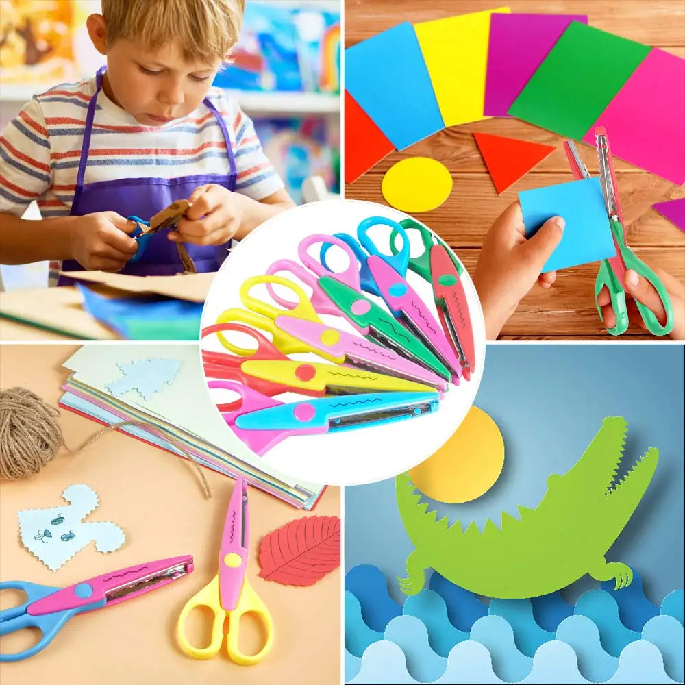 A collection of colorful decorative zig zag edge scissors and craft tools for DIY projects.