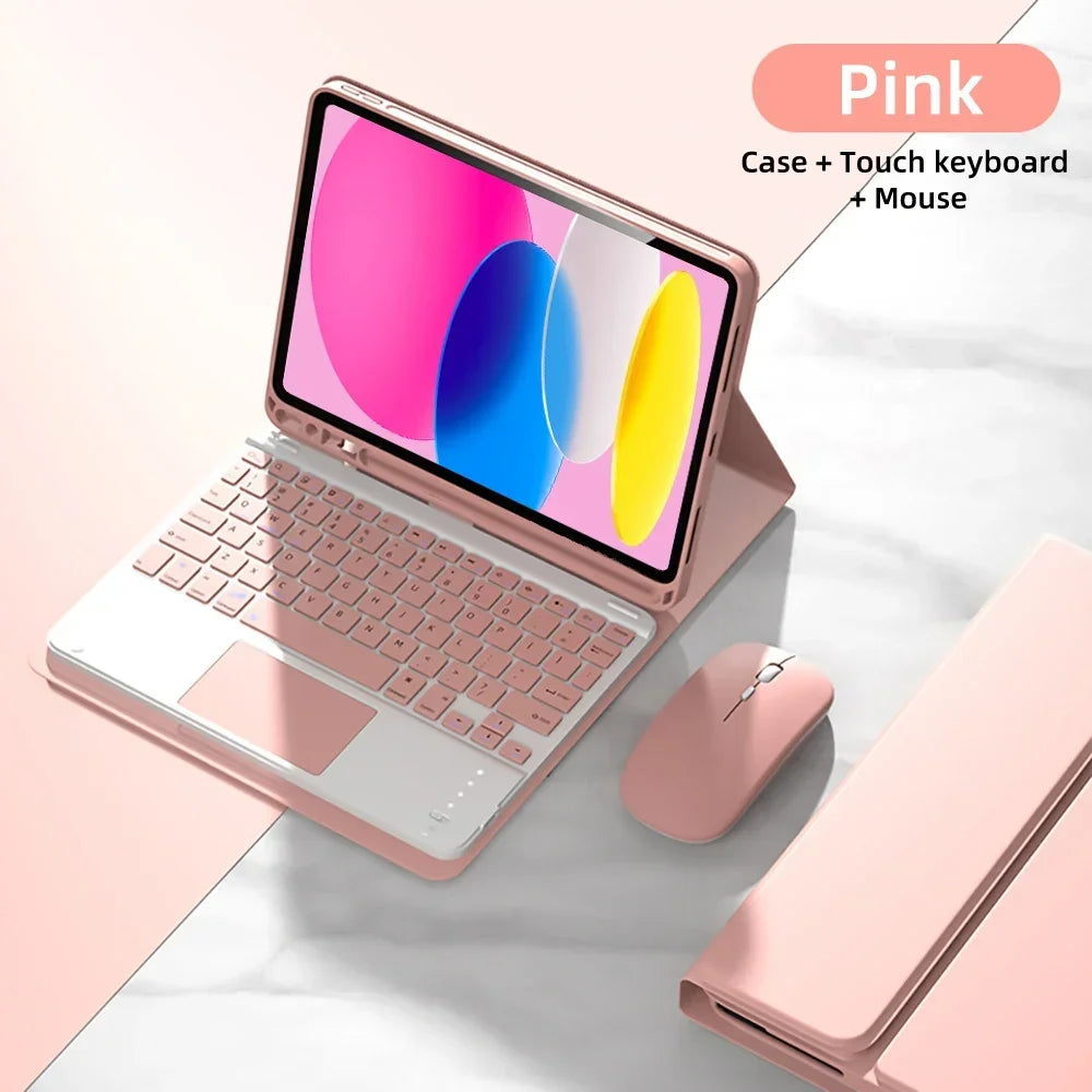 Pink iPad 10th Gen case with a detachable Bluetooth keyboard and mouse on a white marble surface