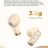 A close-up view of a beige wireless earbud and its matching smart touch screen case.
