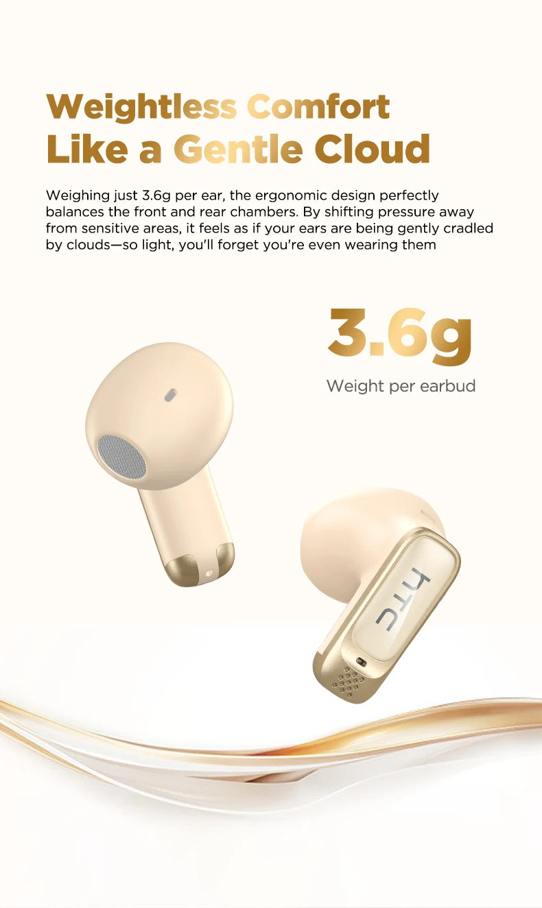 A close-up view of a beige wireless earbud and its matching smart touch screen case.