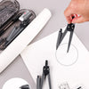 A set of professional drafting tools including rulers, compass, and erasers shown on a white sheet.
