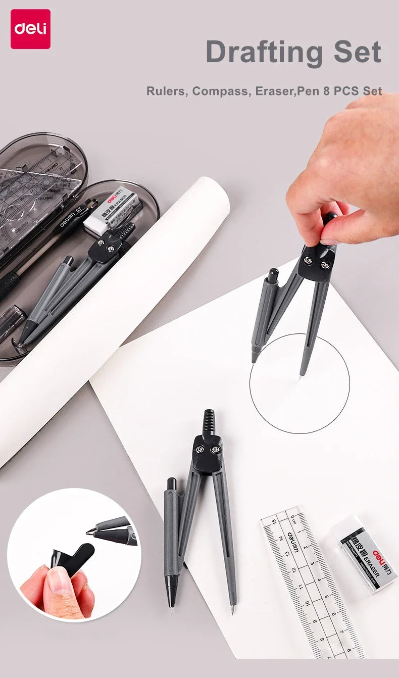 A set of professional drafting tools including rulers, compass, and erasers shown on a white sheet.