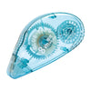 A clear plastic roll of heavy duty double-sided adhesive tape with a metal core and serrated edge.