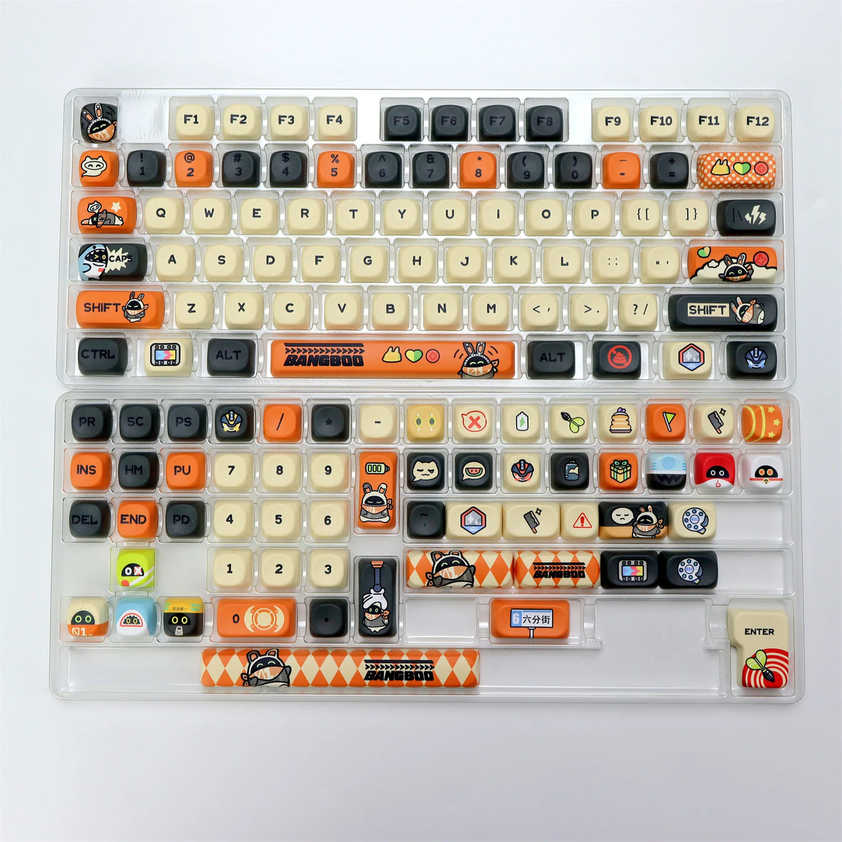 A set of PBT keycaps for a mechanical keyboard featuring various characters and symbols in an orange and black theme.