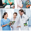 Three medical professionals reviewing an A4 foldable medical clipboard in a brightly lit clinic setting.