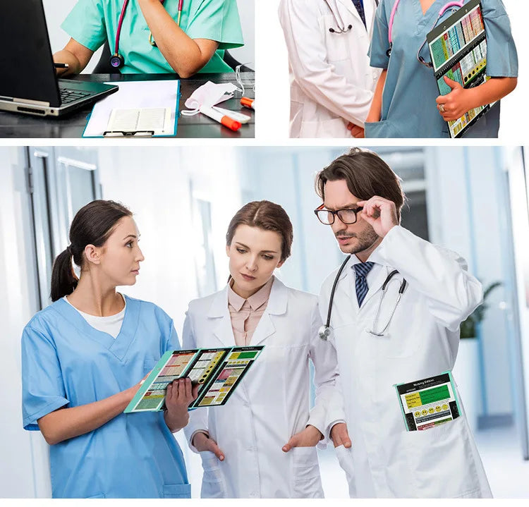 Three medical professionals reviewing an A4 foldable medical clipboard in a brightly lit clinic setting.
