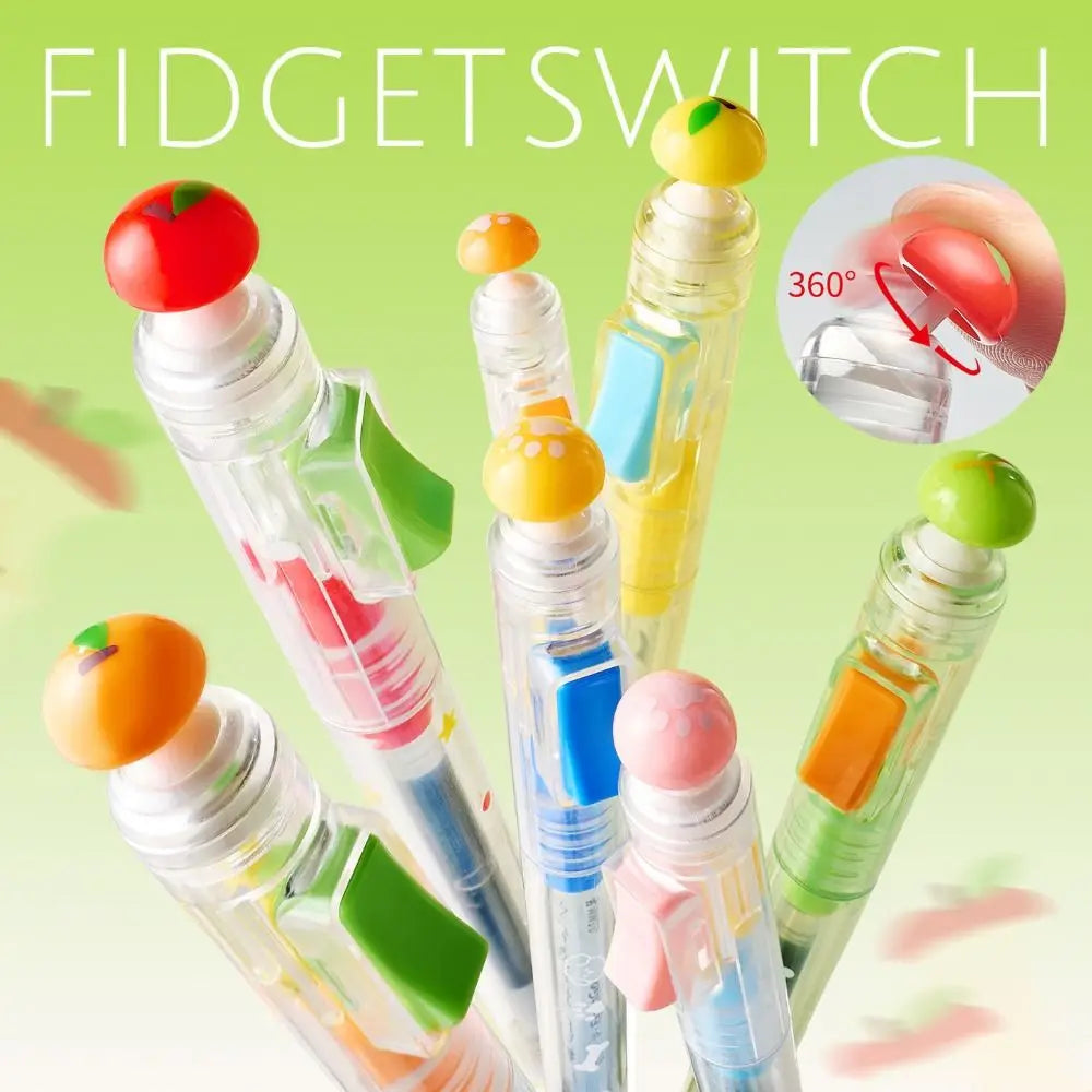 A set of colorful fidget pens with various translucent and opaque colors shown in a bright green background.