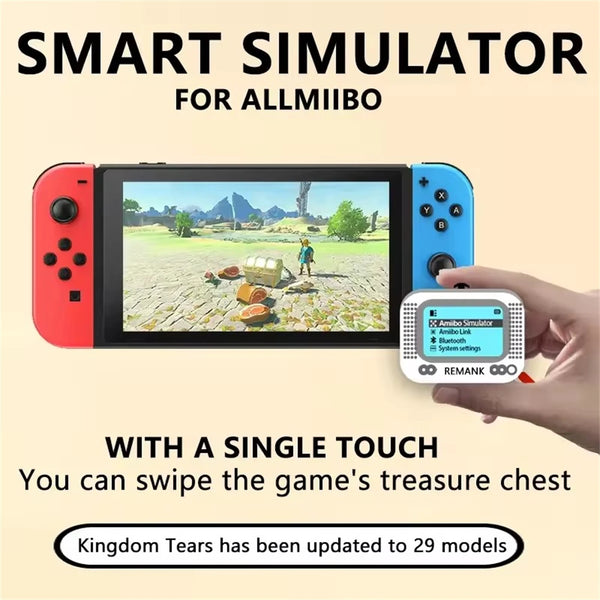 A hand holds a tablet displaying a game interface, demonstrating a smart simulator for AllMiibo.
