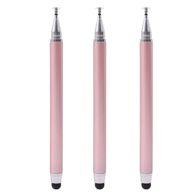 A set of three pink capacitive stylus pens with silver tips shown vertically.