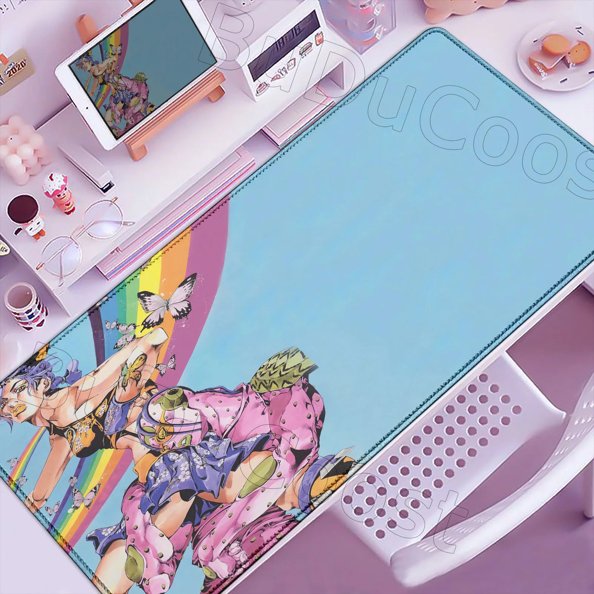 Anime-inspired XXL gaming mouse pad featuring colorful characters and a non-slip rubber base.