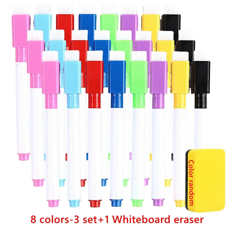 A set of eight colored whiteboard erasers in a three-plus-one configuration