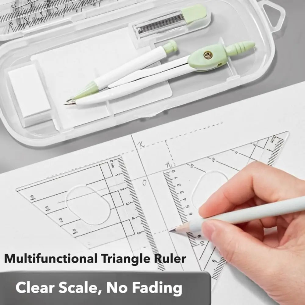A hand holds a white pen drawing on a technical diagram next to a clear plastic case containing a multifunctional triangle ru