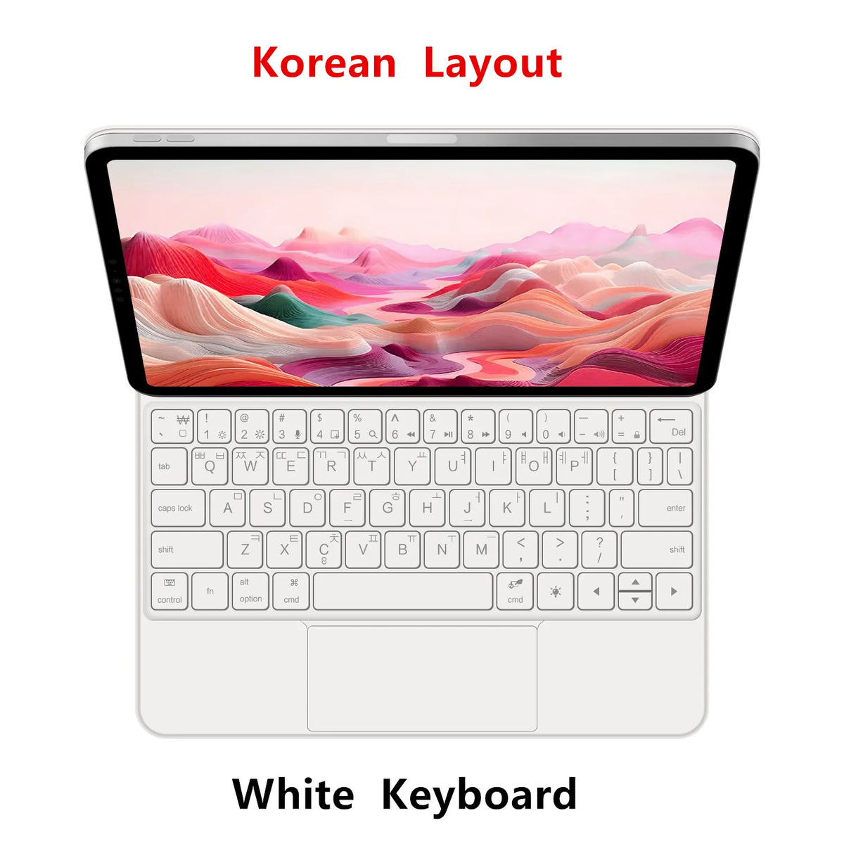 Un clavier flottant magnétique blanc avec un fond de paysage coloré.