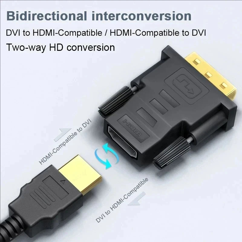 A black bi-directional adapter cable for converting DVI to HDMI and HDMI to DVI signals.