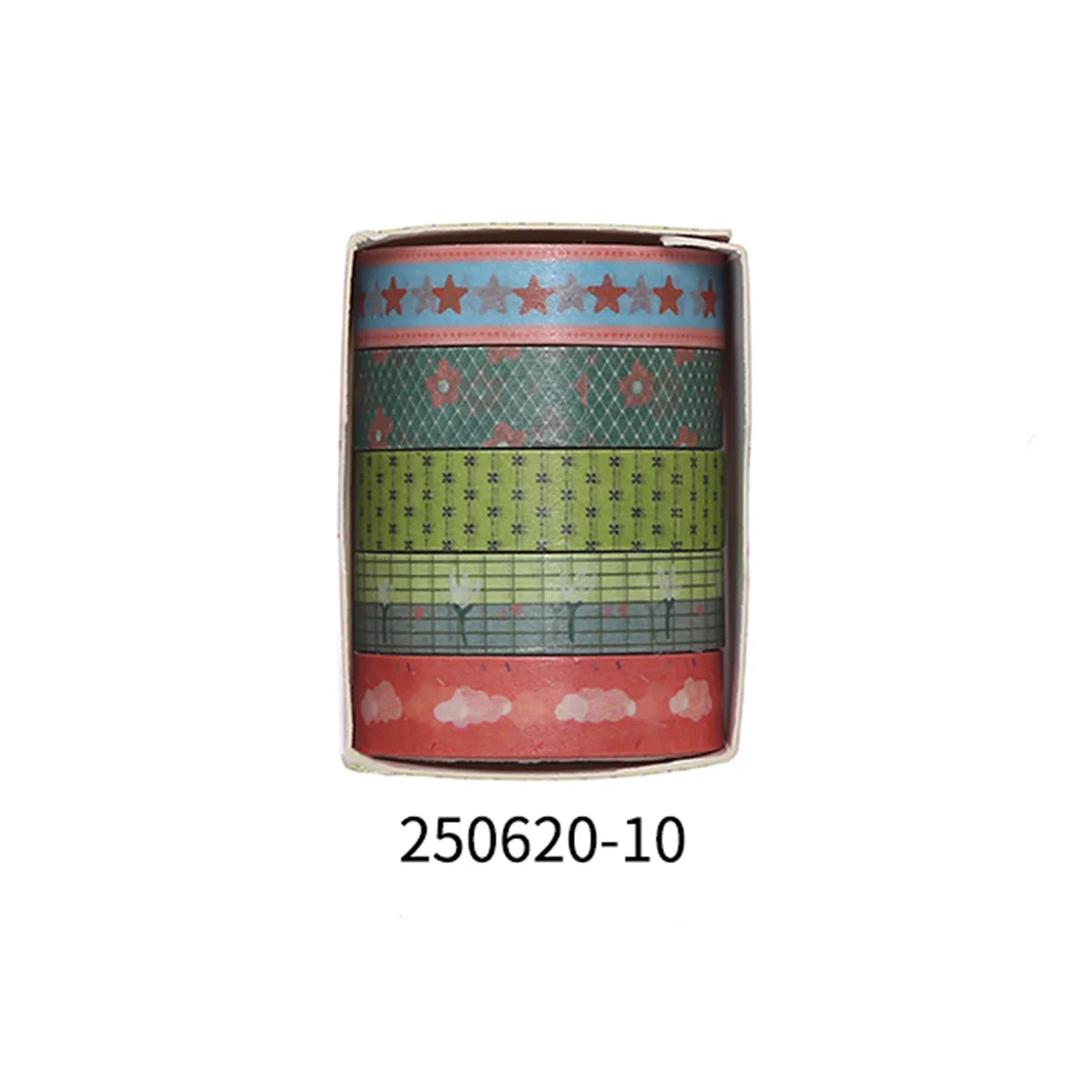 A roll of decorative masking tape featuring stars, green patterns, and pink clouds.
