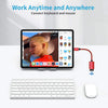 A laptop is connected to a display via an adapter, showing a keyboard and mouse setup for work anytime and anywhere.