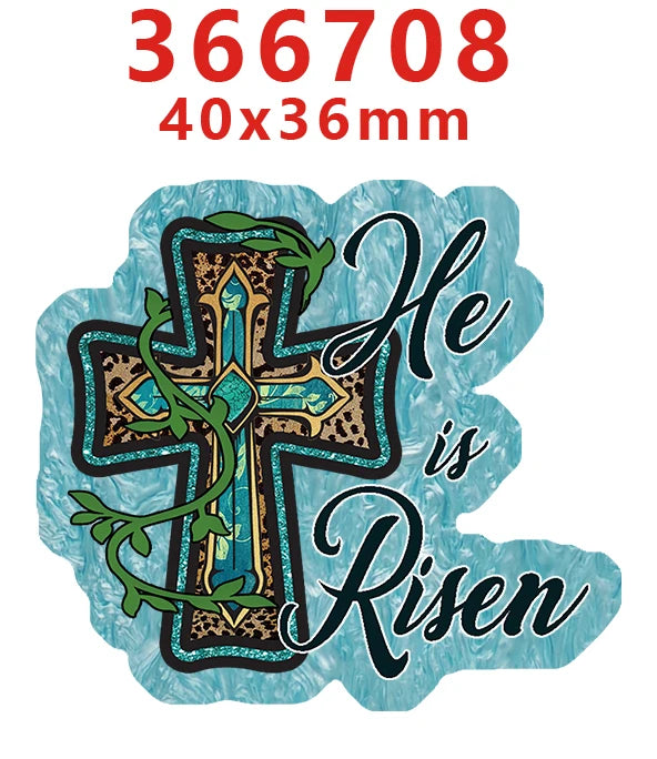 A teal water ripple acrylic hair bow set featuring a cross design with green foliage and the text He is Risen.