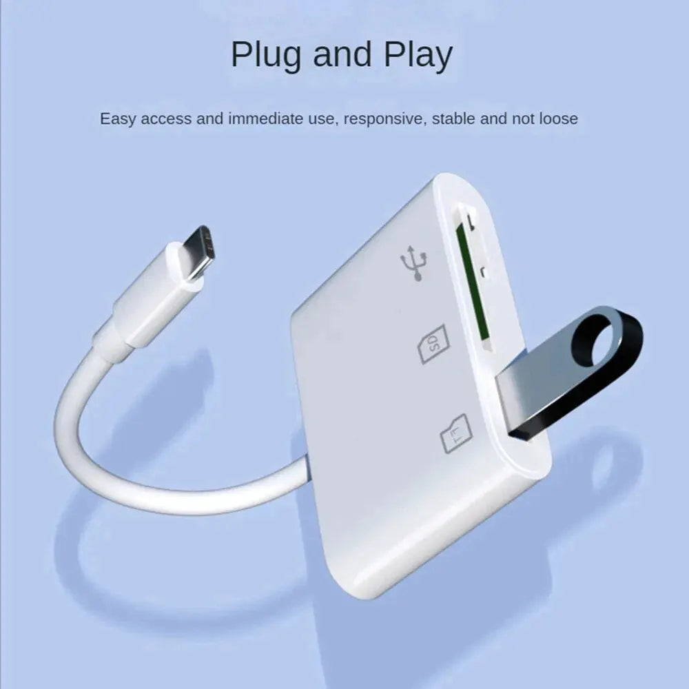 A white plug and play memory card reader with a cable and adapter ports.