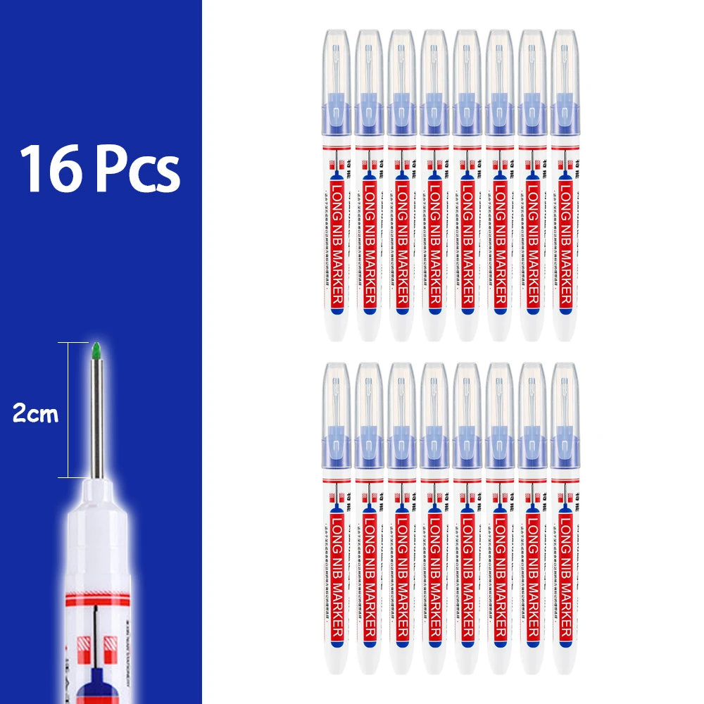 A set of 16 precision waterproof marking pens in various colors and tips for woodworking and crafts.