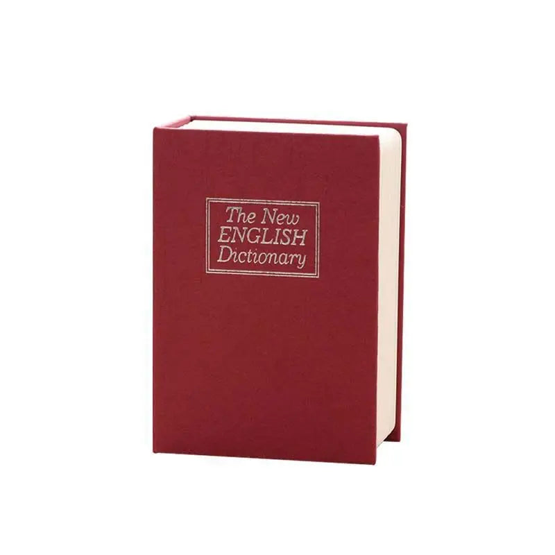 A deep red book-shaped piggy bank with a textured cover and embossed text on the front.