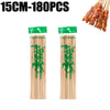 A set of natural bamboo skewers, ranging from 15cm to 180pcs, packaged with green labels.