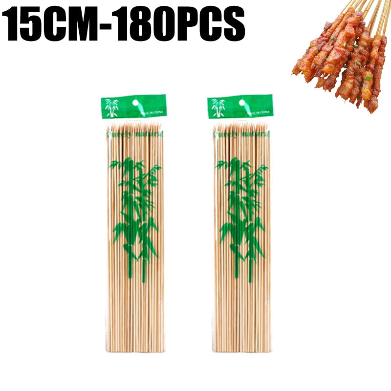 A set of natural bamboo skewers, ranging from 15cm to 180pcs, packaged with green labels.