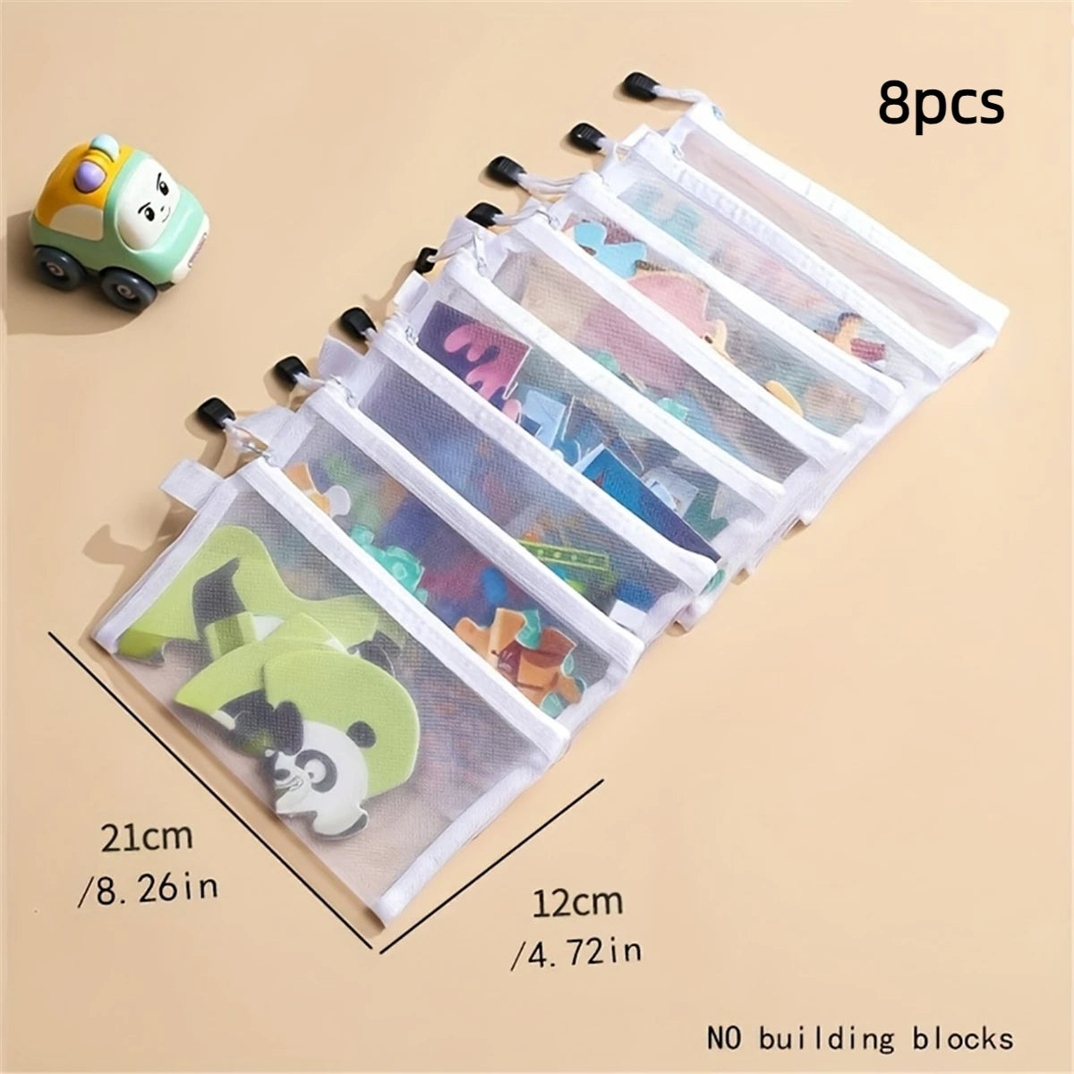 Set of 8 reusable zipper mesh storage bags with various colorful designs and a small toy car.