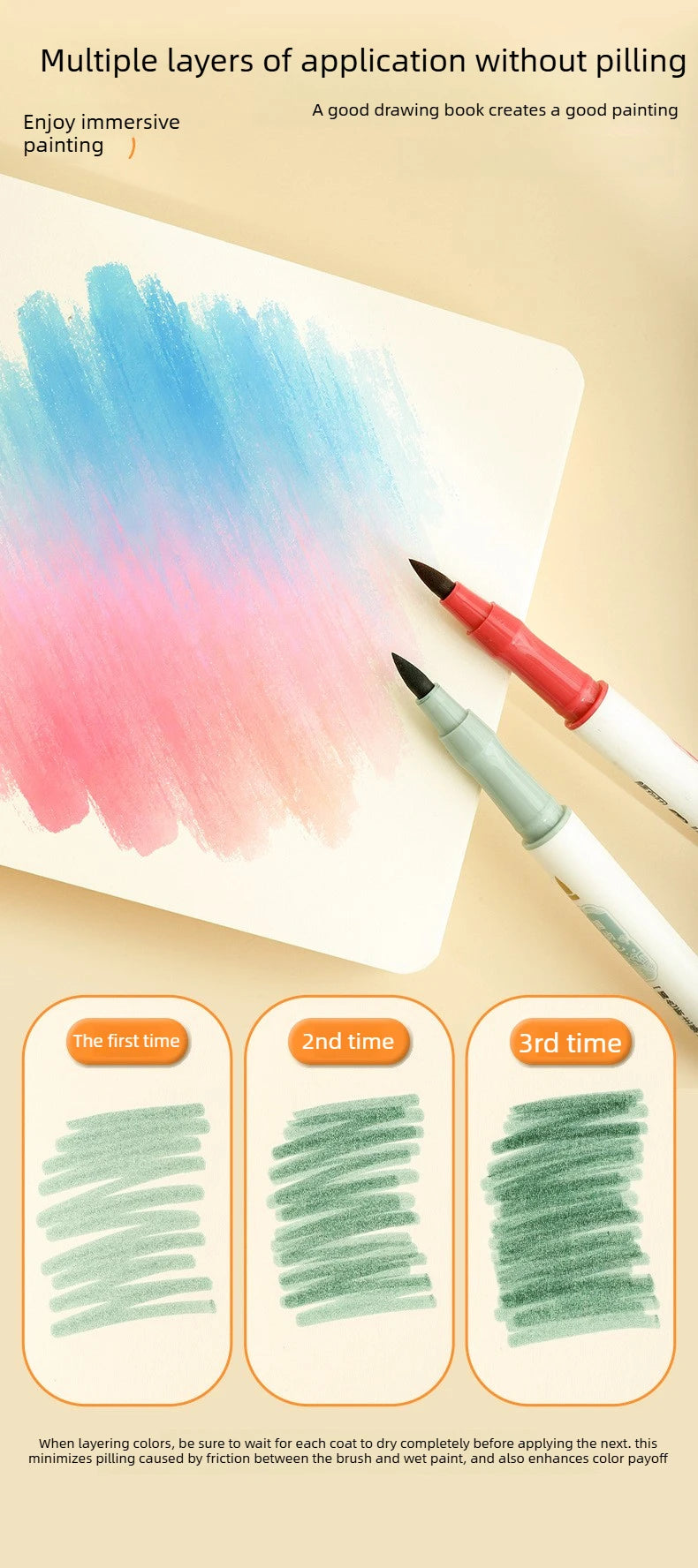 A drawing book demonstrating multiple layers of application without pilling using colored paints and a brush.