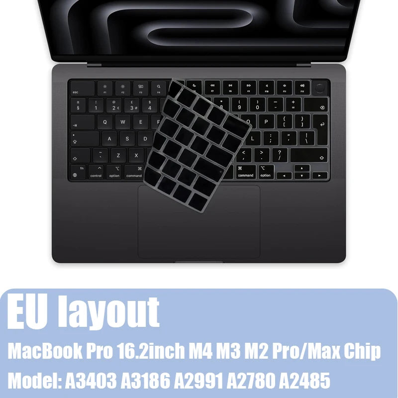 Open laptop showing a keyboard with an EU layout and silicone keyboard cover