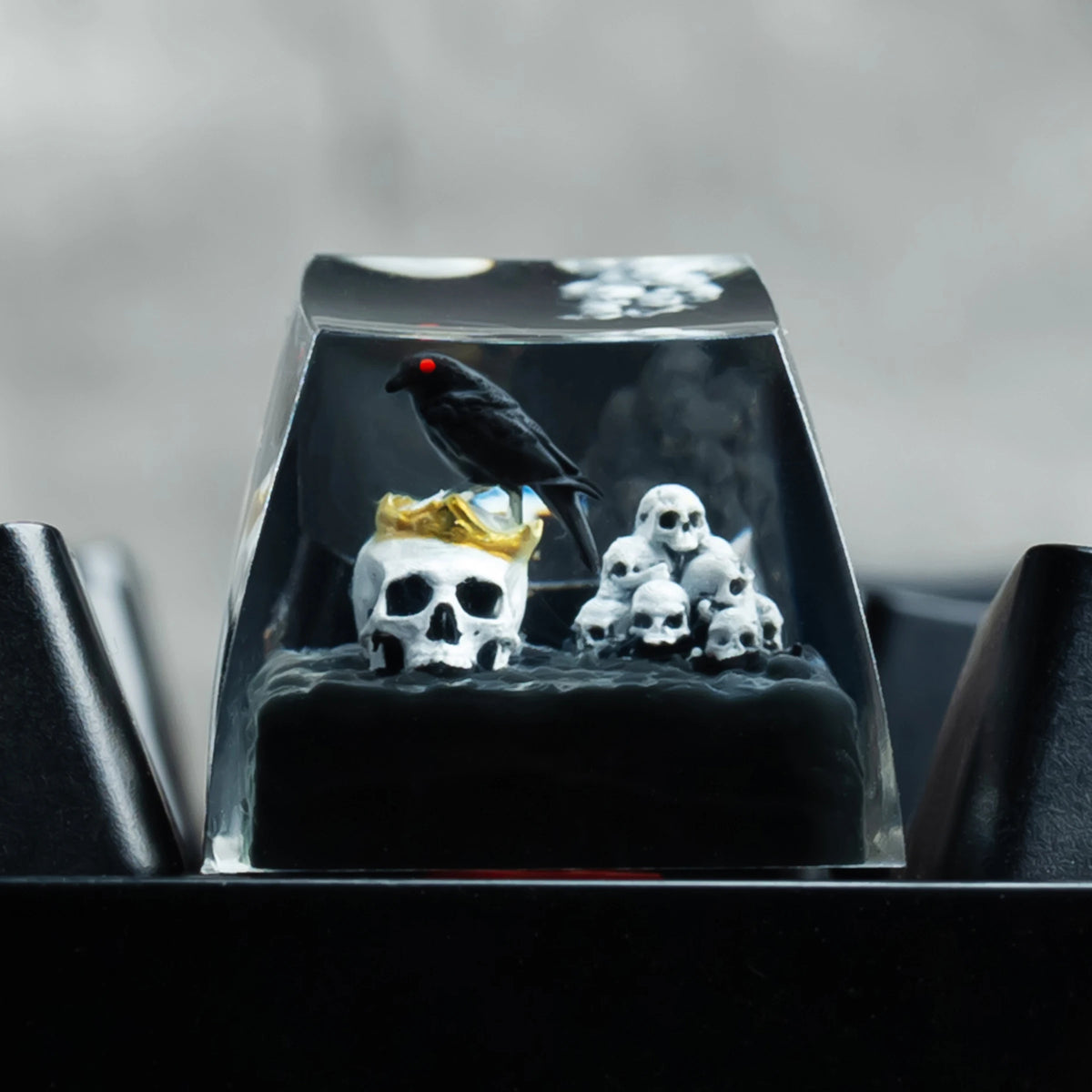 Capuchons à clés en résine artisanale avec un oiseau noir et des crânes blancs, présentés dans une boîte en acrylique transpa