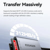A close-up view of an ESSAGER SD card reader with a Bandisk card inserted, showing a speed indicator.