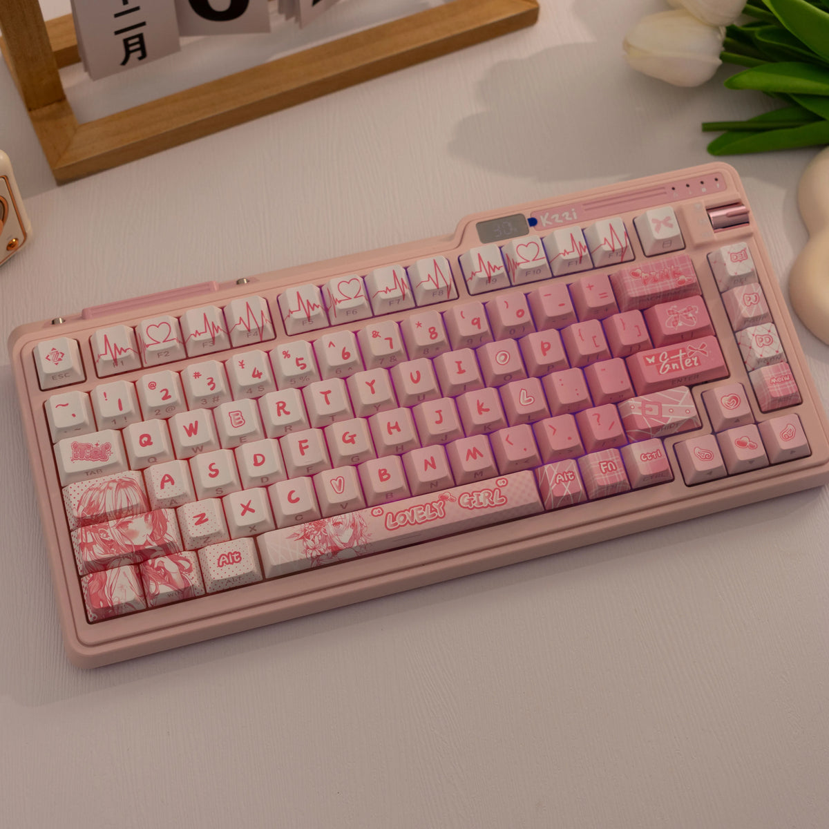 A pink PBT side-printed translucent keycap set for a mechanical keyboard displayed on a white surface.